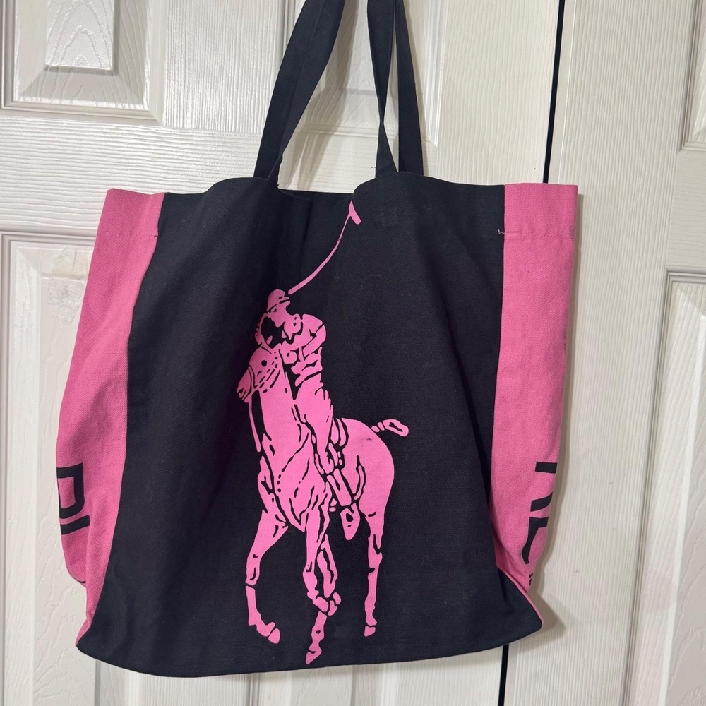 Polo by Ralph Lauren Black and Pink Canvas Polo Player Tote